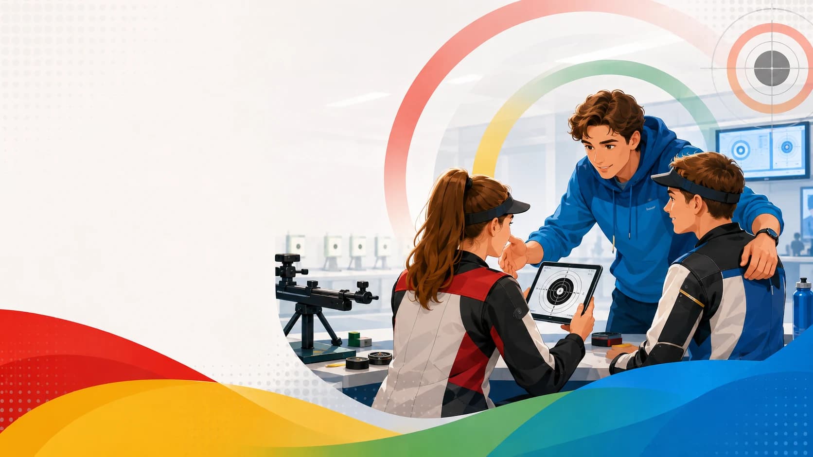 Young shooting athletes receiving coaching and reviewing training results together.