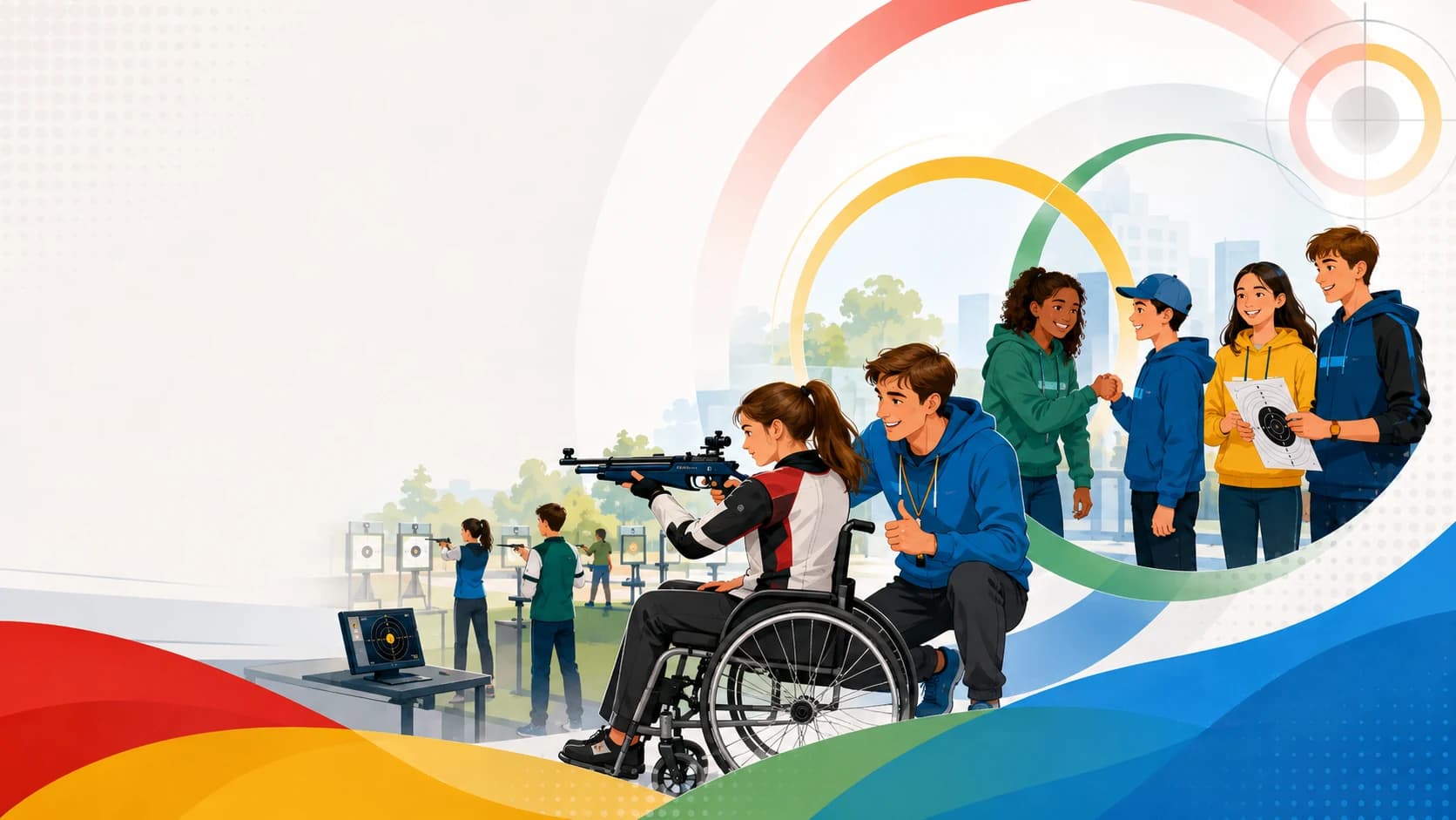 Inclusive shooting-sport training with young athletes, coaches and a wheelchair athlete.